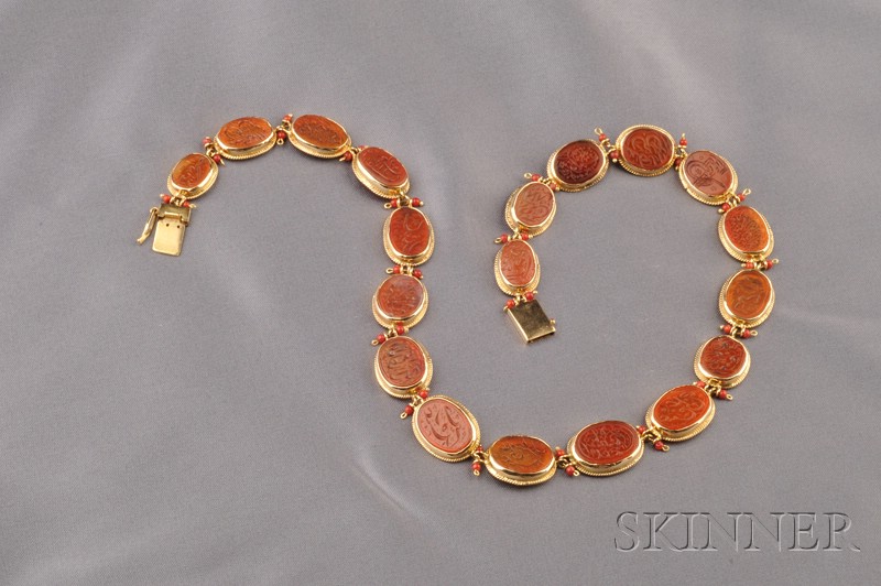 Appraisal: kt Gold and Carnelian Intaglio Necklace bezel-set with inscribed carnelian