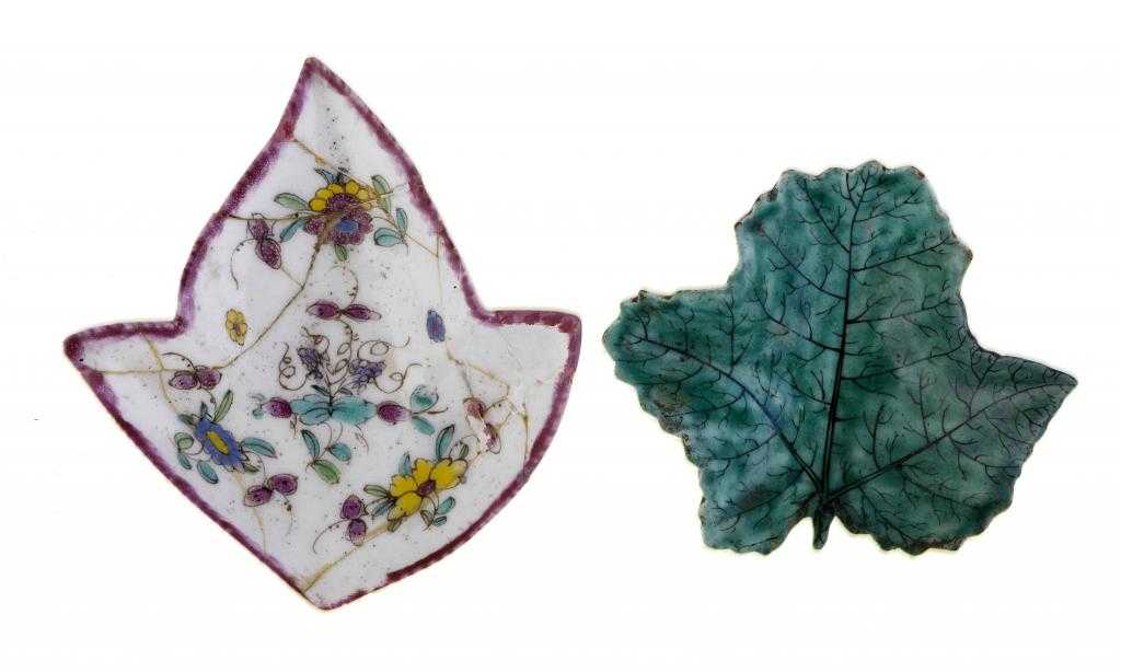 Appraisal: TWO BOW PICKLE DISHES of three-pointed leaf shape enamelled with