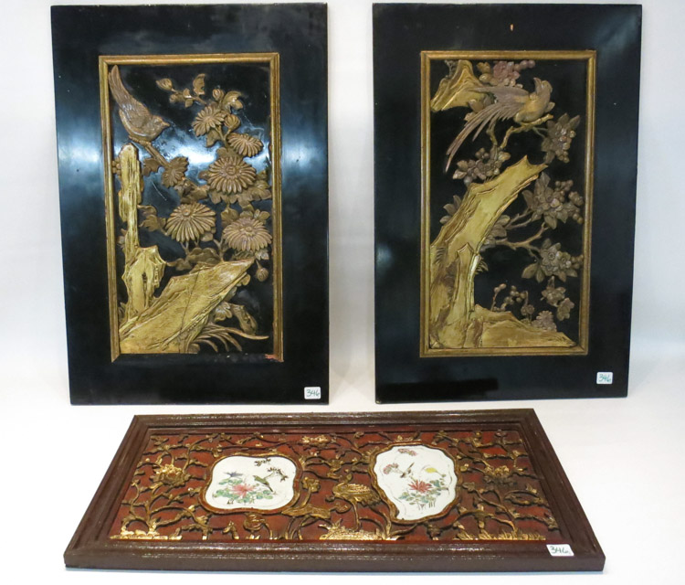 Appraisal: THREE CHINESE WALL PANELS two with applied resin birds in