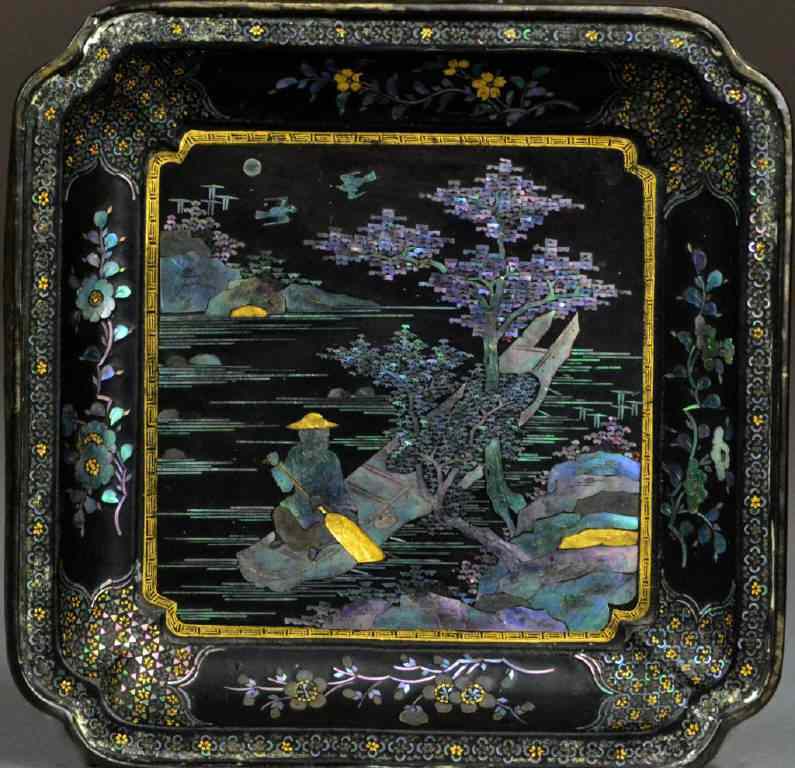 Appraisal: A Fine Vietnamese MOP Inlaid Lacquer Tray SignedFinely inlaid to