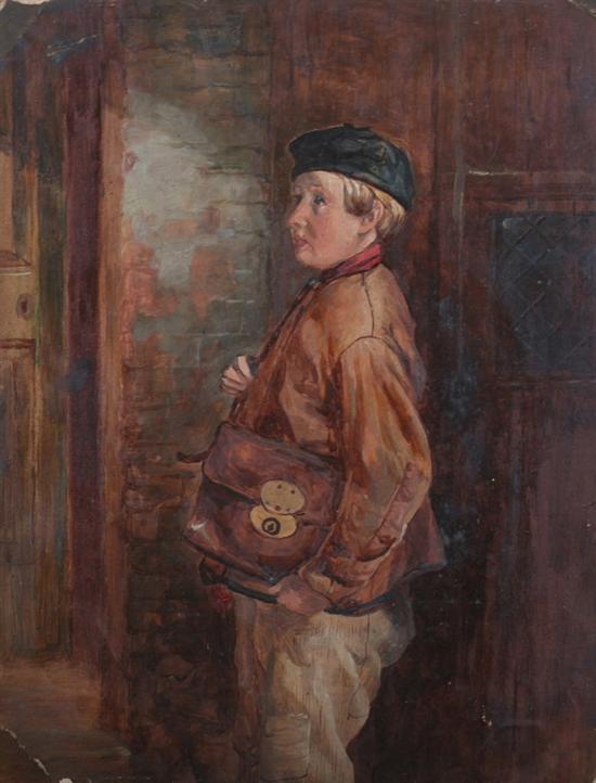 Appraisal: CONTINENTAL SCHOOL th century YOUNG BOY WITH VALISE oil on