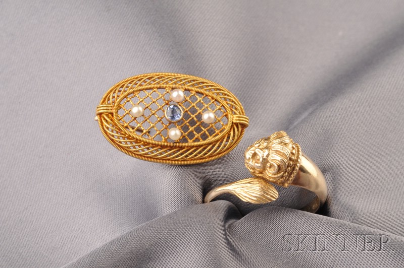 Appraisal: Art Nouveau kt Gold Gem-set Pin and kt Gold Lion