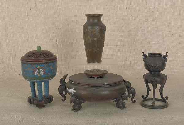 Appraisal: Chinese cloisonn incense burner together with two bronze examples and