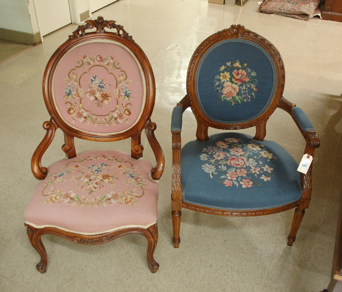 Appraisal: TWO NEEDLEPOINT UPHOLSTERED MEDALLION-BACK CHAIRS American Victorian style in pink