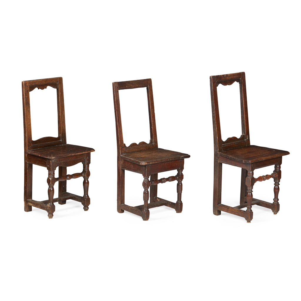 Appraisal: THREE SMALL OAK BACK STOOLS PROBABLY SCOTTISH TH EARLY TH