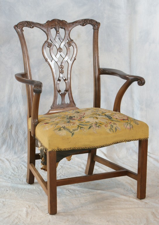 Appraisal: Carved mahogany Georgian style armchair with needlepoint seat th C