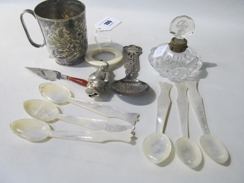 Appraisal: Lot comprising EP tankard scent bottle baby rattle serving spoon