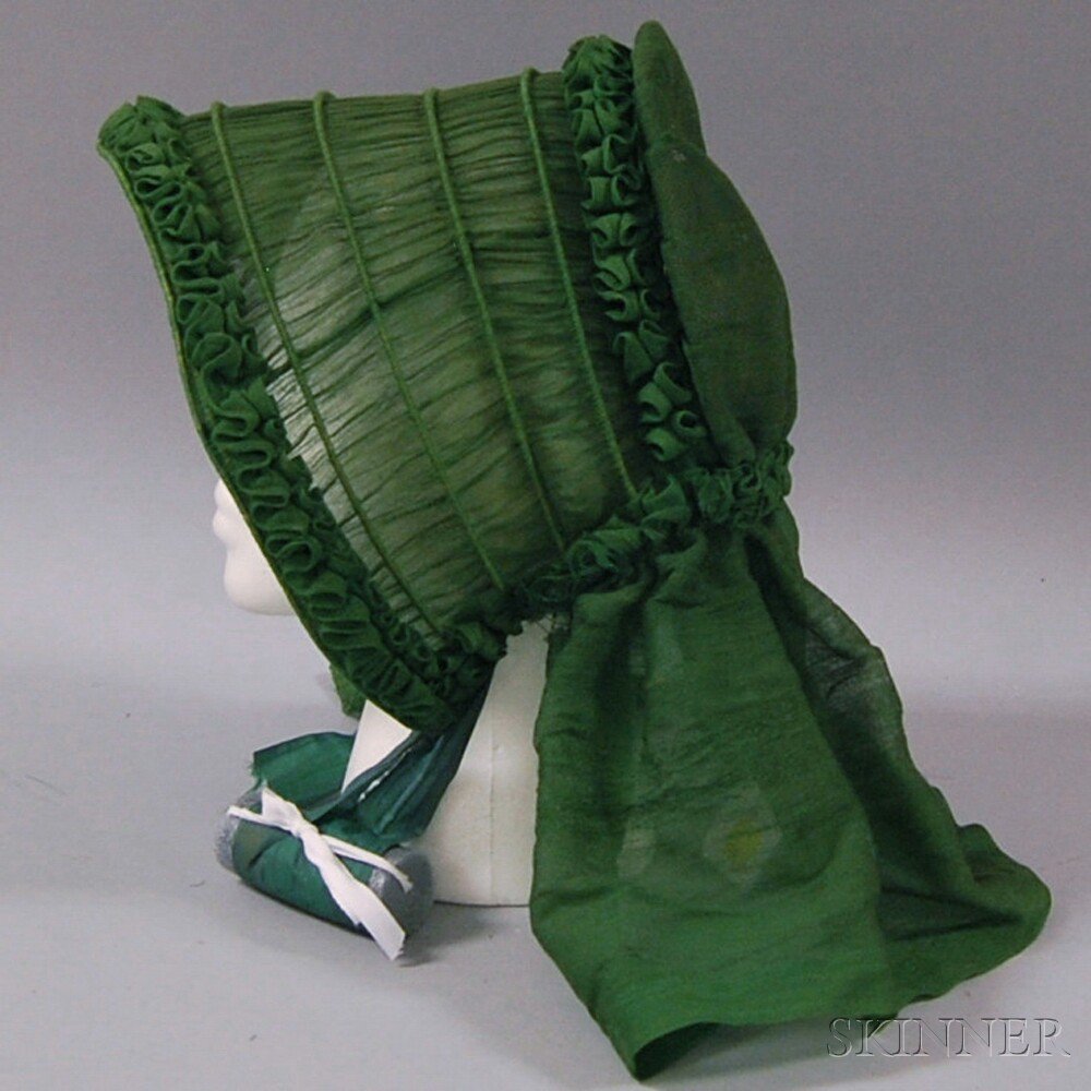 Appraisal: Shirred Green Silk Bonnet with Silk Ribbon Ties America -