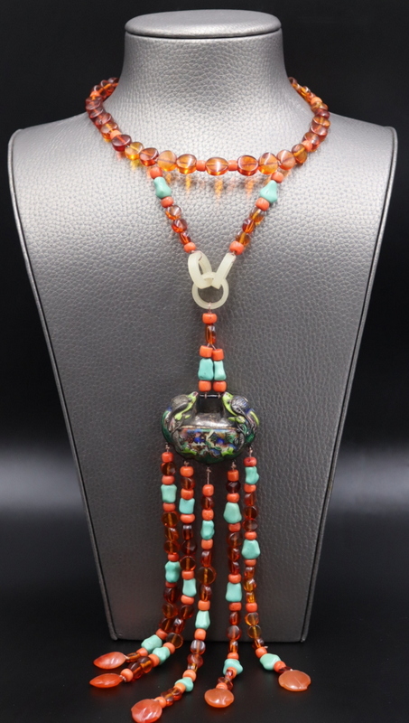 Appraisal: JEWELRY JADE CORAL AMBER TURQUOISE CARNELIAN and Enamel Necklace Unusual