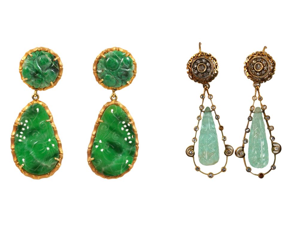 Appraisal: JADE EARRINGS AQUAMARINE DIAMOND EARRINGS pair of jade and K