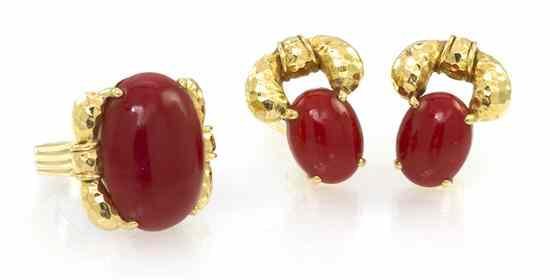 Appraisal: An Karat Yellow Gold and Coral Demi Parure Trio consisting