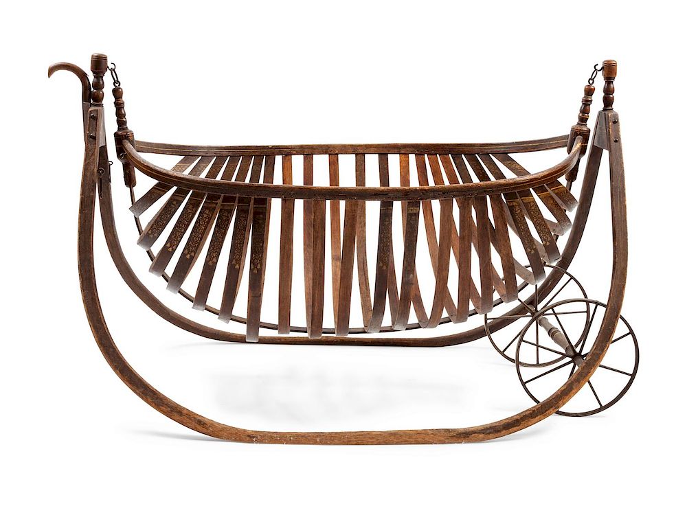 Appraisal: American Field Cradle With a Canoe-Shaped Slat Basket Hanging on