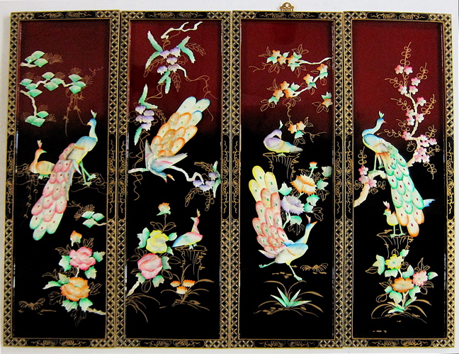 Appraisal: FOUR CHINESE RECTANGULAR LACQUERED WALL PANELS having applied shell affection