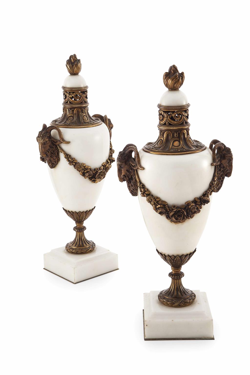 Appraisal: PAIR OF FRENCH GILT BRONZE MOUNTED MARBLE URNS TH CENTURY