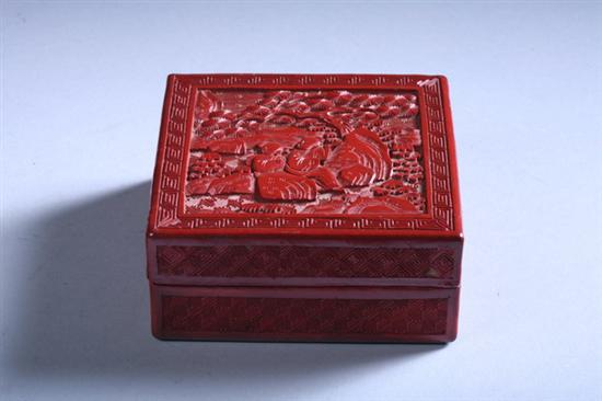 Appraisal: CHINESE CINNABAR SQUARE BOX AND COVER early th century Figural