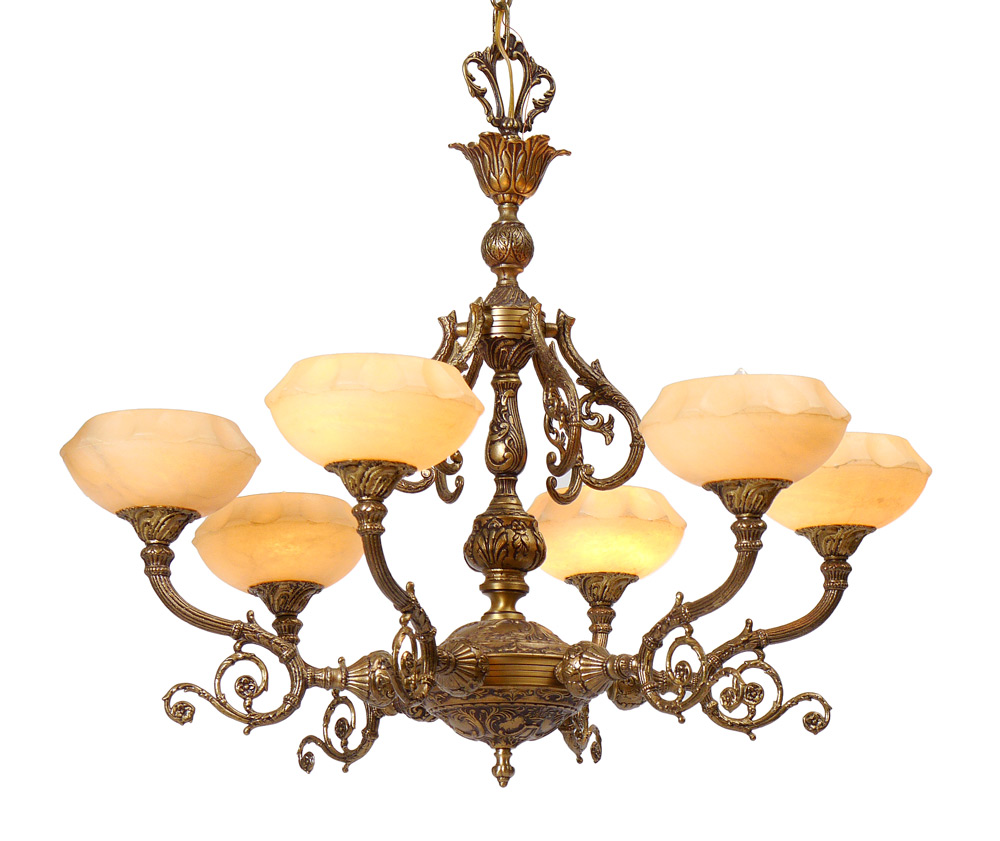 Appraisal: BRONZE AND ALABASTER CHANDELIER light dore bronze curved arm chandelier