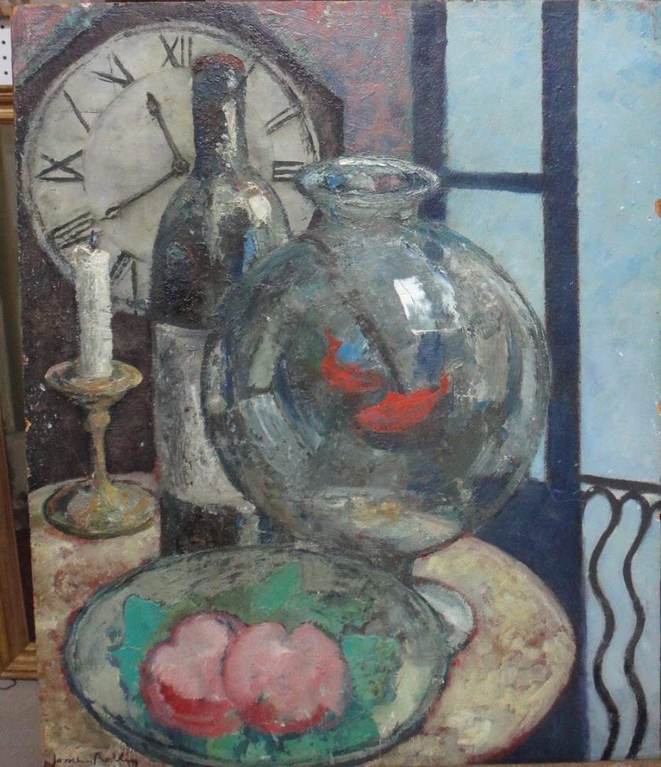 Appraisal: Josselin Bodley - Still Life of fruit candle bottle clock