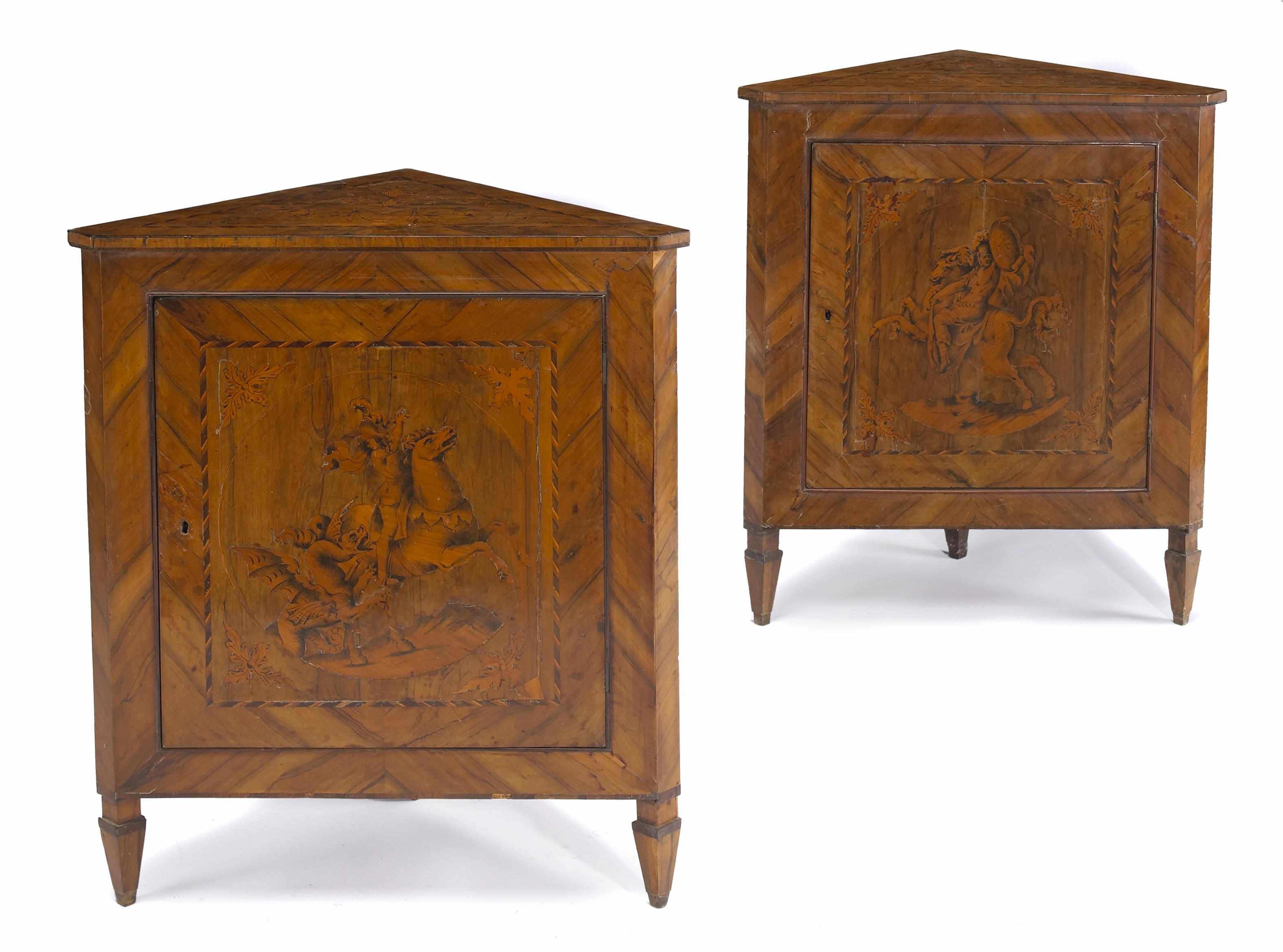 Appraisal: A pair of Italian Neoclassical marquetry and parquetry corner cupboards