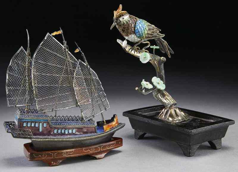 Appraisal: Pcs Chinese enamel over silver sailboat on a carved wood