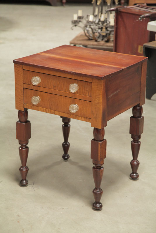 Appraisal: TWO DRAWER STAND Cherry having curly maple drawer fronts with