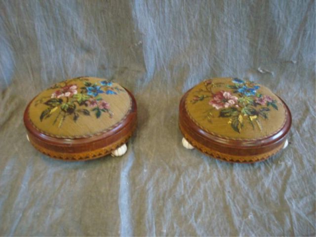 Appraisal: Pair th Cent 'bead' needlepoint inlaid stools Property from Chappaqua