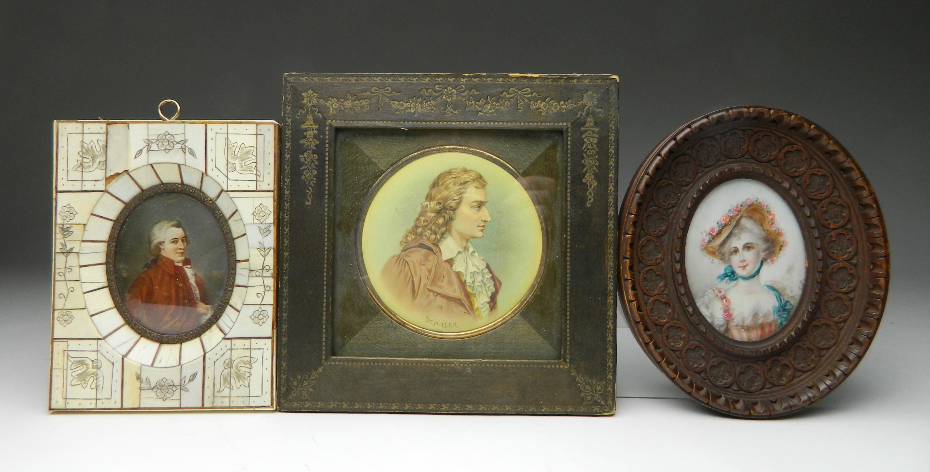 Appraisal: th c Miniature paintings on ivory ''Schiller'' Lady in a