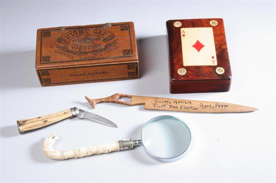 Appraisal: FIVE DESK ACCESSORIES Including wood card box Night Cap Cigarros