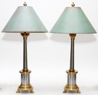 Appraisal: BRASS AND SILVERED METAL COLUMN LAMPS PAIR BRASS AND SILVERED