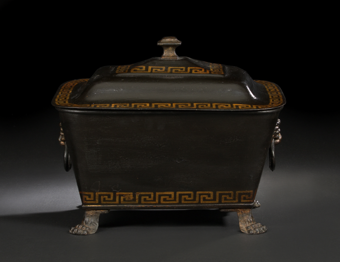 Appraisal: Good English Regency Black- and Gold-Painted Pontypool Hod Bin first