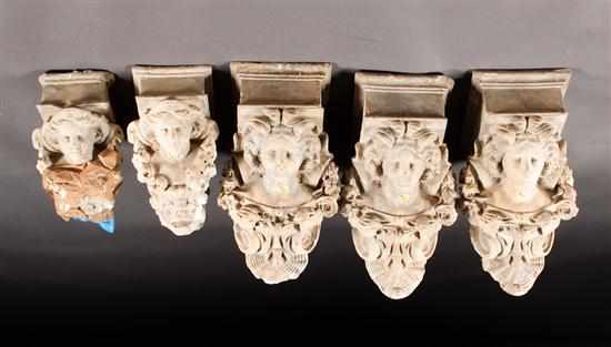 Appraisal: Five Continental terracotta architectural corbels in form of female busts