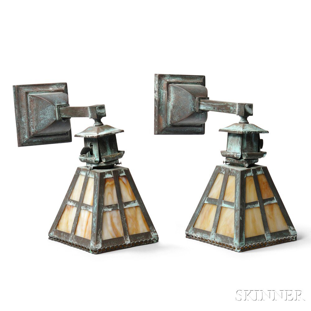 Appraisal: Pair of Arts Crafts Wall Sconces Patinated copper glass United