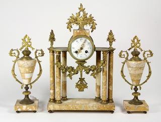 Appraisal: French Neoclassical style gilt and marble clock garniture the clock