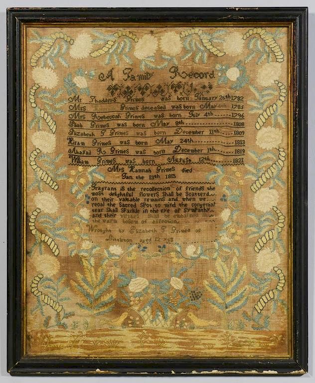 Appraisal: Mass Genealogy Mourning Sampler th c Massachusetts early th century