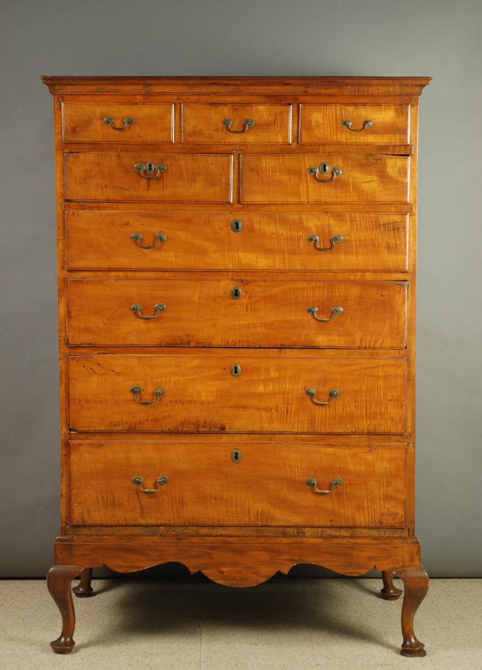 Appraisal: QUEEN ANNE TIGER MAPLE CHEST ON STAND American American early