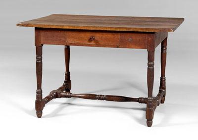 Appraisal: Southern stretcher-base table walnut with yellow pine secondary dovetailed drawer