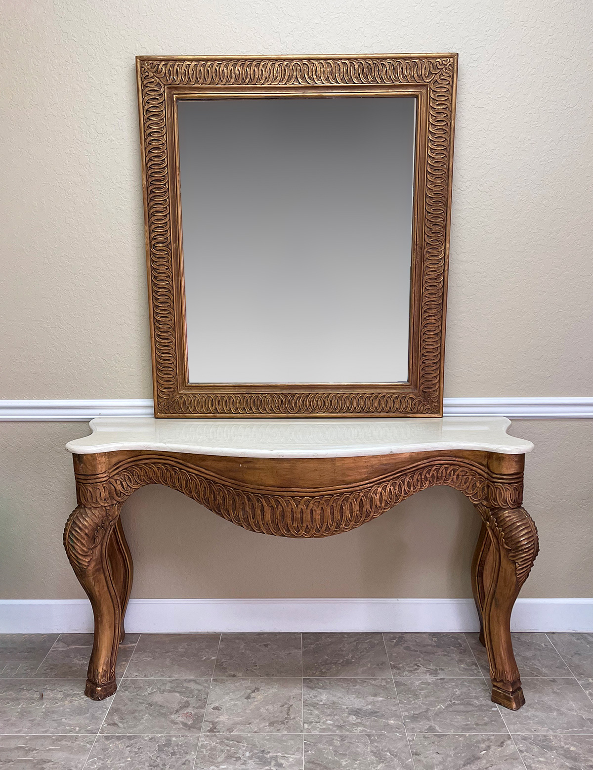 Appraisal: WHITE MARBLE TOP CONSOLE TABLE AND MIRROR Table Mirror have