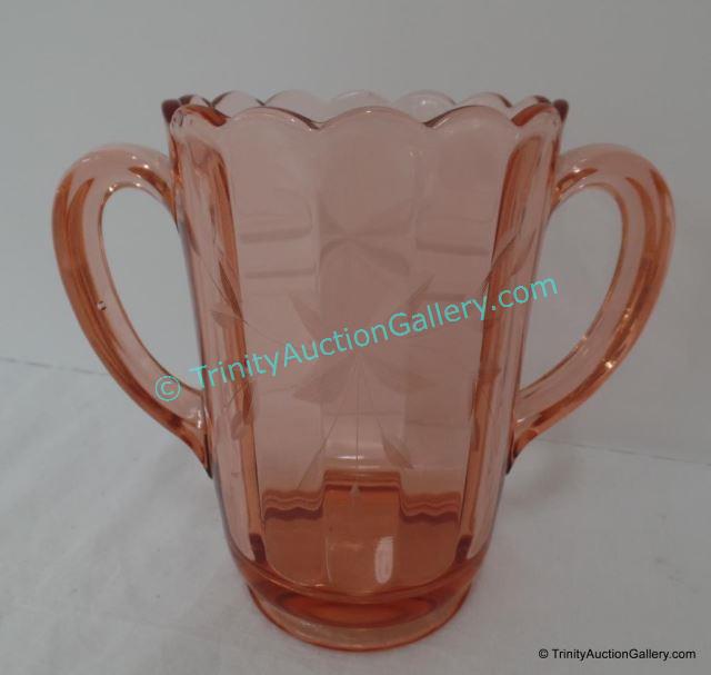 Appraisal: Pink Etched Double Handled Glass Spooner Bubbles in glass -