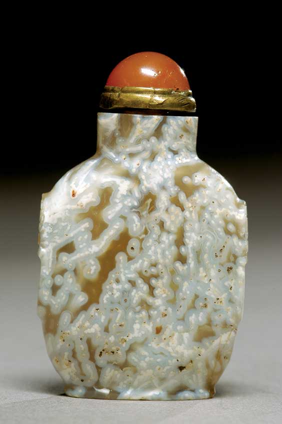 Appraisal: ANTIQUE MACARONI AGATE SNUFF BOTTLE Antique and well hollowed carved