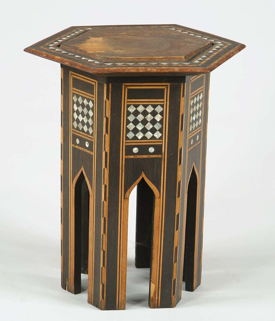 Appraisal: INLAID TABERET STAND Six sided with inlaid mother of pearl