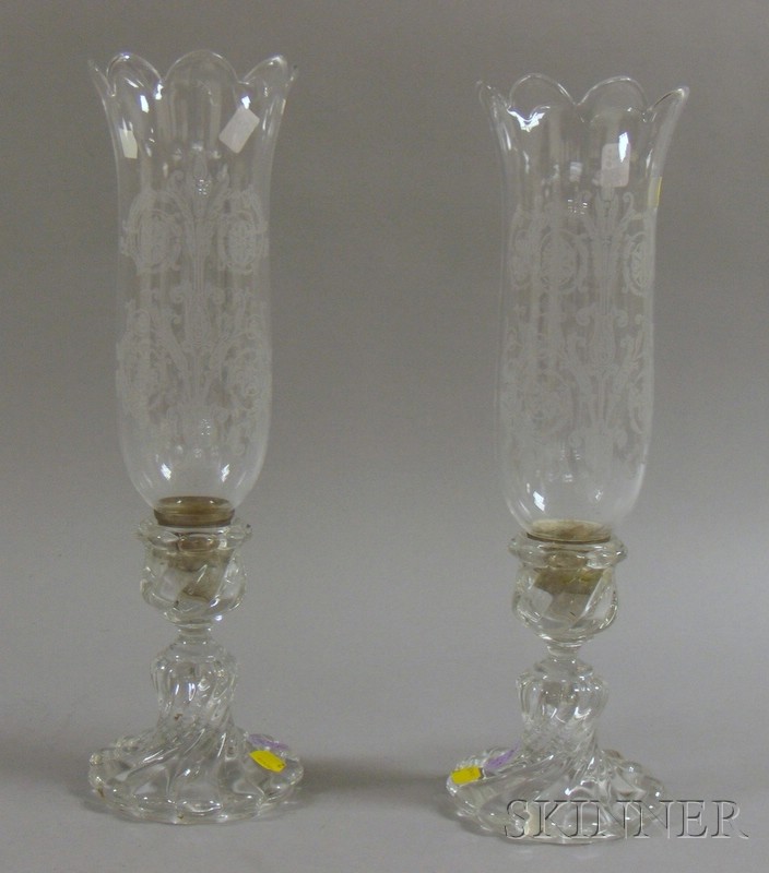 Appraisal: Pair of Baccarat Colorless Molded Glass Candleholders and Etched Shades