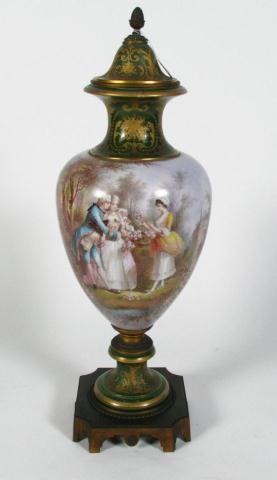 Appraisal: Sevres-style porcelain lidded urn hand-painted scenic and romantic decor with