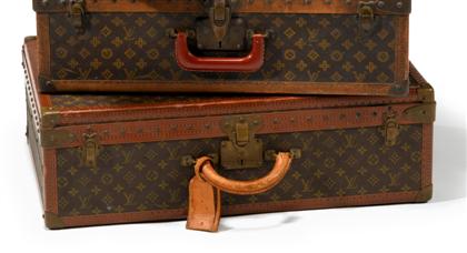 Appraisal: Louis Vuitton hardsided leather mounted suitcase With LV fabric and