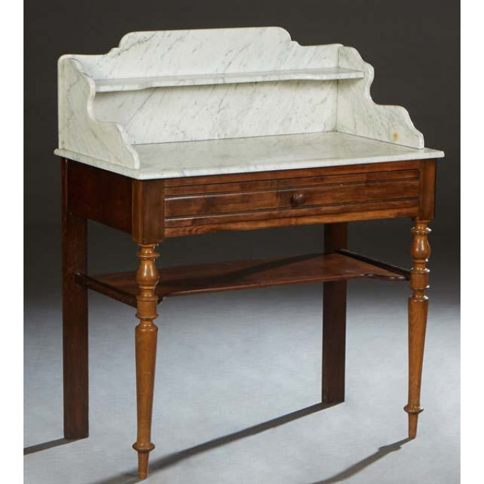 Appraisal: French Provincial Carved Beech Marble Top Washstand the shelved galleried