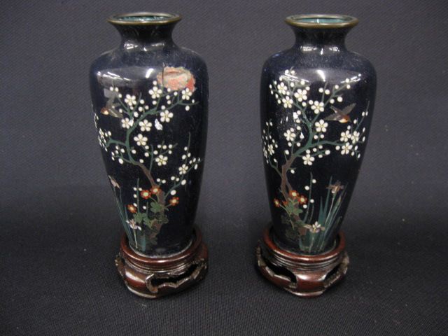 Appraisal: Pair of Japanese Cloisonne Vases fine silver wirework with bird