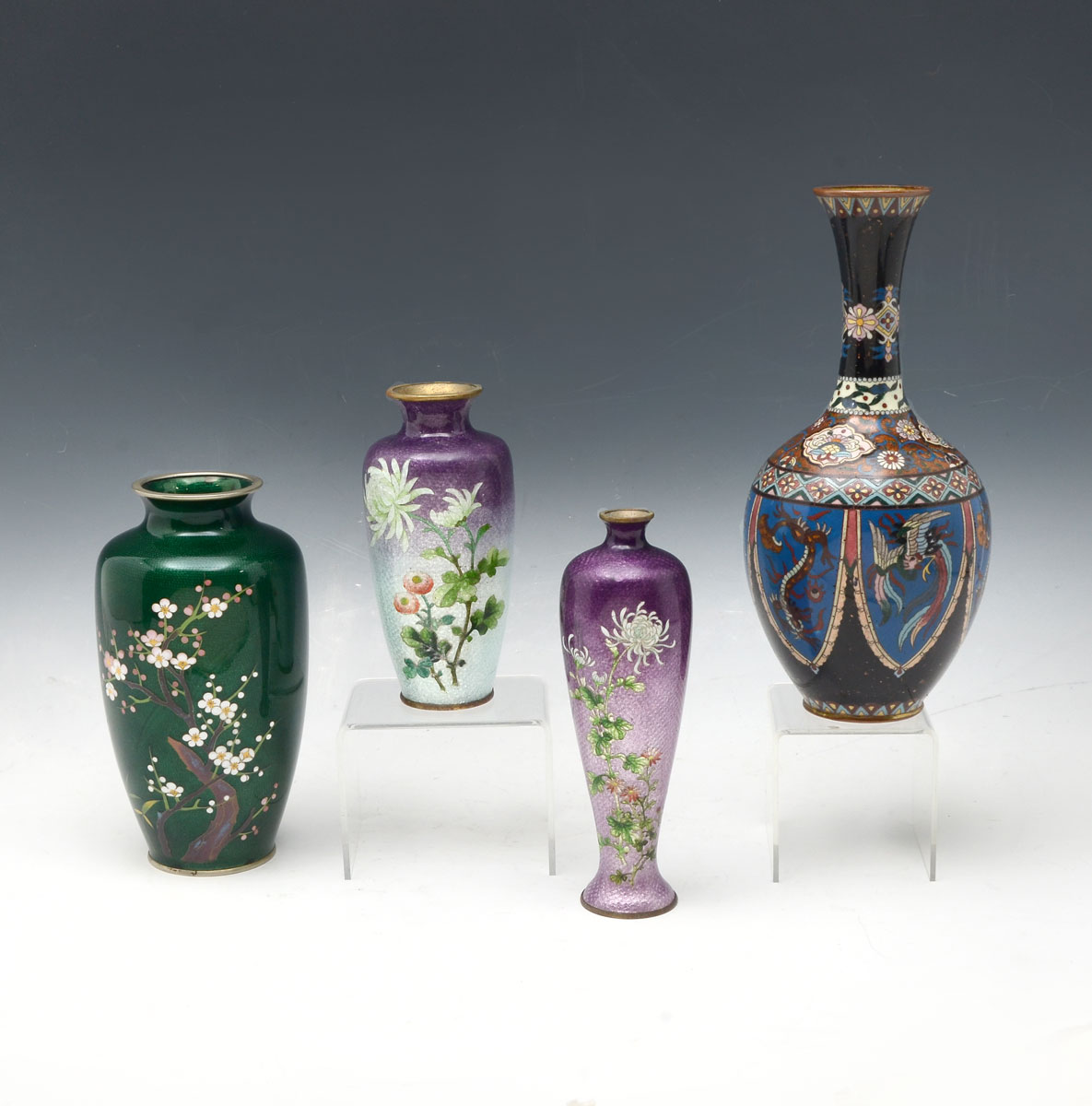 Appraisal: PC JAPANESE GINBARI CLOISONNE VASE COLLECTION Comprising purple fade Ginbari