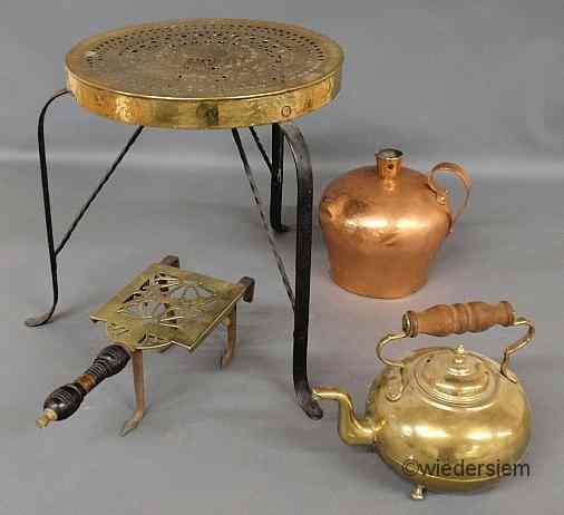 Appraisal: Group of metal ware- copper jug brass trivet brass teapot