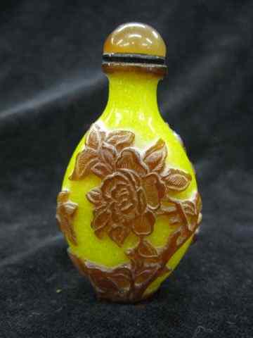 Appraisal: Chinese Snuff Bottle cameo glass brown floral on yellow ''