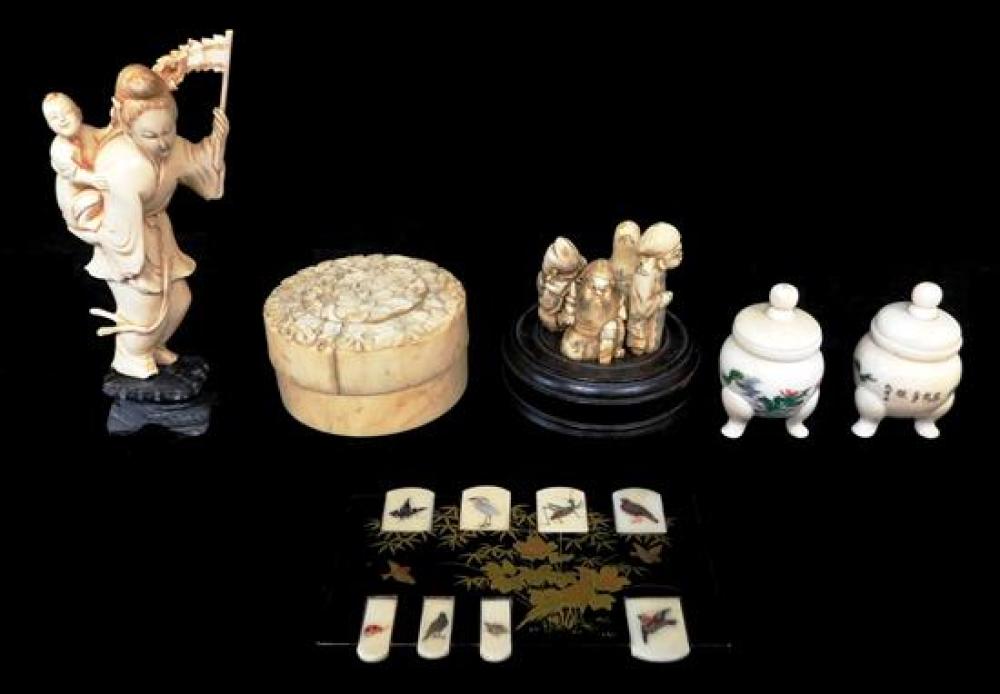 Appraisal: ASIAN Ivory Chinese Japanese six varied pieces black lacquered block