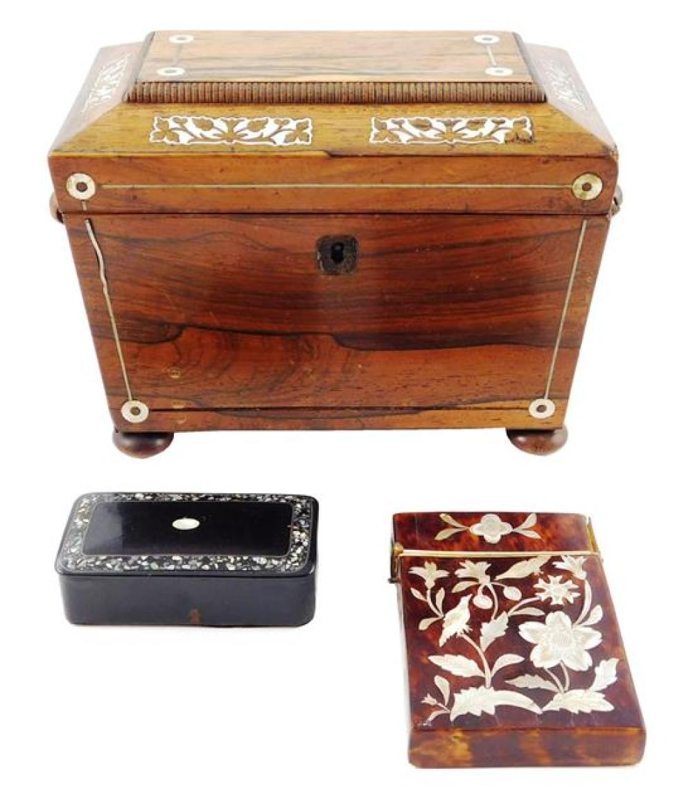 Appraisal: Tea caddy calling card case and patch snuff box all