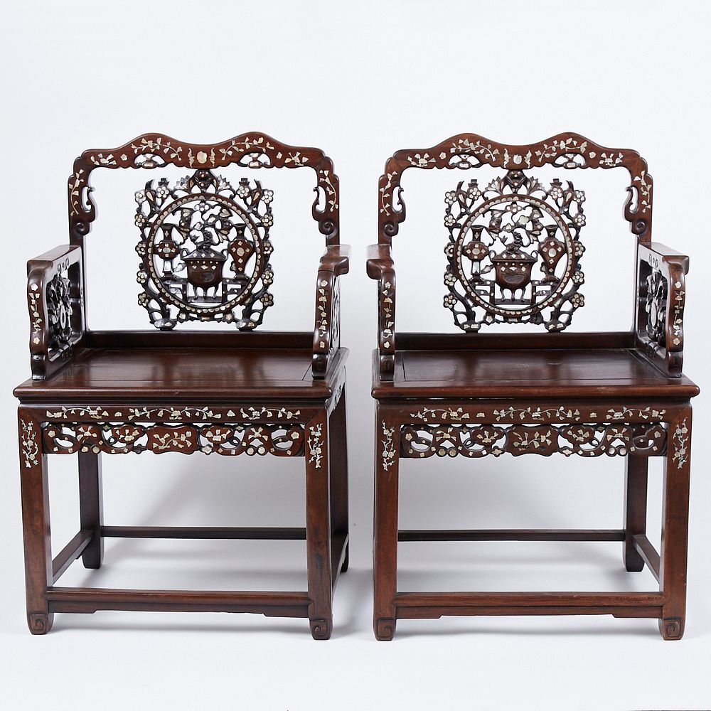 Appraisal: Pr Chinese Qing Dynasty Inlaid Rosewood Chairs Pair of Chinese